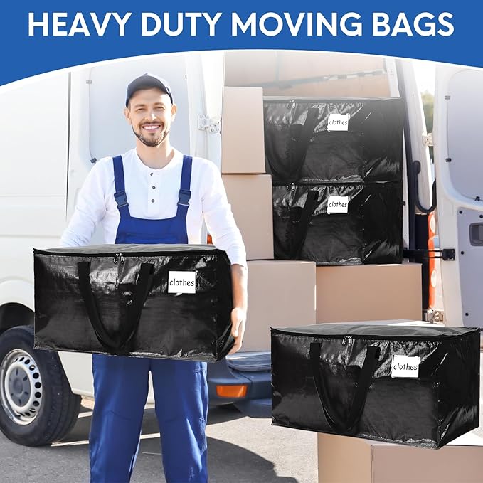 6-Pack Extra-Large Heavy-Duty Moving Bags with Reinforced Handles, Durable Zippers & Waterproof Material — Perfect for Space-Saving, Storage, Shipping and Travel (Black)