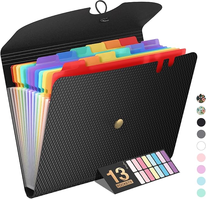 Sooez Expanding File Folder, 13 Pocket Accordion File Organizer, Monthly Expandable File Folder for Documents with Labels, Portable Bill Receipt Organizer for School Office Supplies, Letter A4 Size