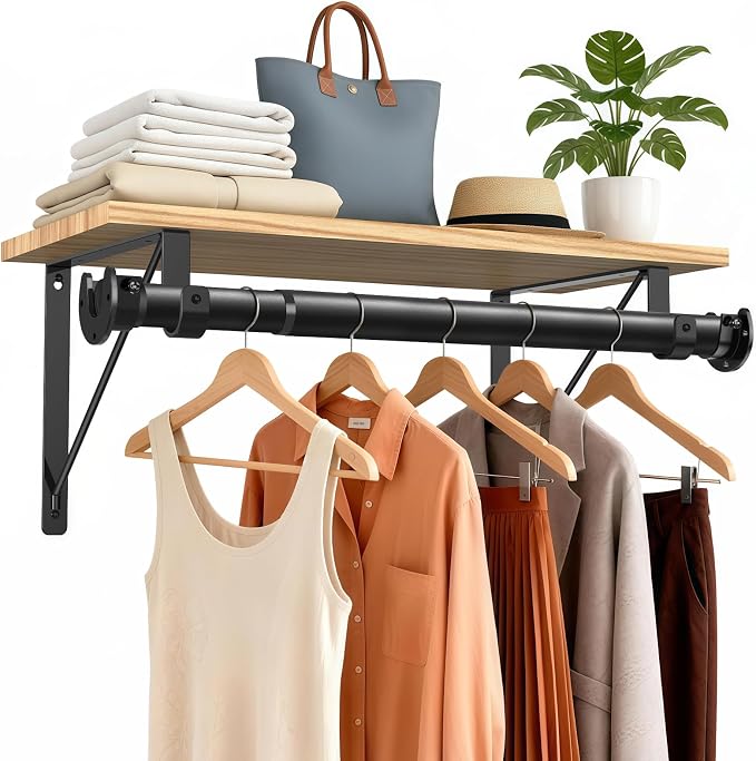 Supforce Adjustable Closet Rod with Triangular Brackets, 17-28in, Black | 1.3in Metal Closet Rod Supports Up To 150 lb, Heavy Duty Rod Reduces Sagging and Mount Securely for Wardrobes Closet Laundry