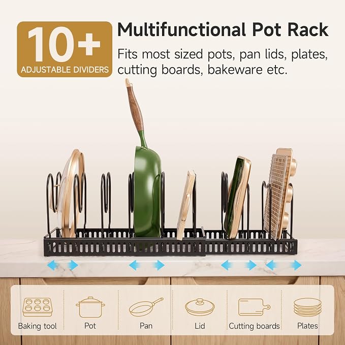 MUDEELA Pot Lids Organizer Rack for Cabinet, Expandable 11.81" to 22.85" Pot and Pan Organizer Holder with 10 Adjustable Dividers, Baking Cookie Sheet Bakeware Cutting Board Kitchen Storage Organizer