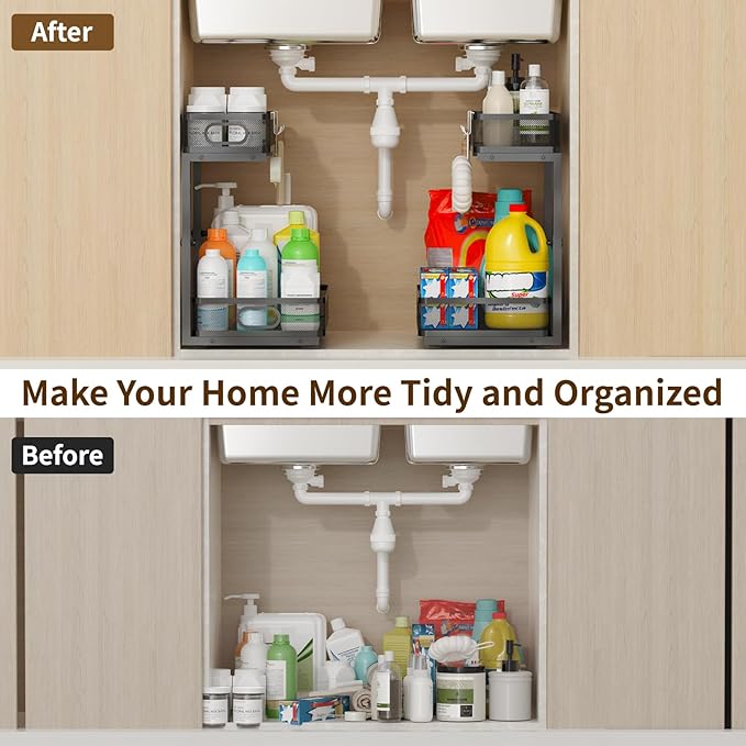 Under Sink Organizer 1 Pack, 2-Tier Slide Out Cabinet Organizer with Metal Sliding Drawer and Hooks, Pull Out Storage Baskets for Kitchen Bathroom Pantry Cabinet Organization (Black (1 pack))