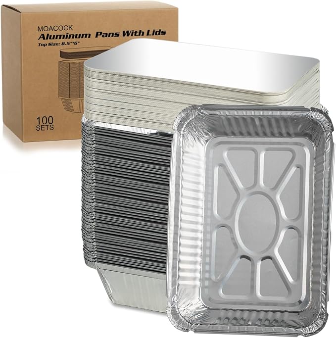 MOACOCK 100 Pack Aluminum Pans with Lids(8.5"×6"), 2.25lb Foil Pans with Board Lids, Disposable Take Out Food Containers, Foil Pans for Meal Prep Freezer Cooking Baking