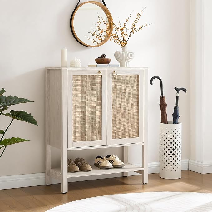 SICOTAS Rattan Shoe Cabinet with Storage - 5 Tier Farmhouse Boho Shoe Organizer Storage Cabinet with Shelves & Doors, Tall Shoe Rack Cabinet for Entryway, Living Room, Closet (White Cream Oak)