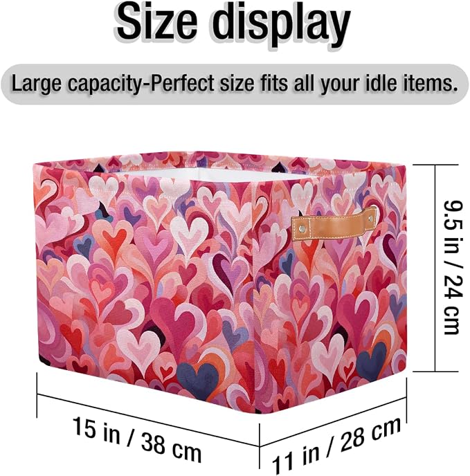 Cube Storage Bins for Shelves, Abstract Red Heart Collapsible Fabric Toys Storage Basket Box with Handles for Home Office Bedroom Closet