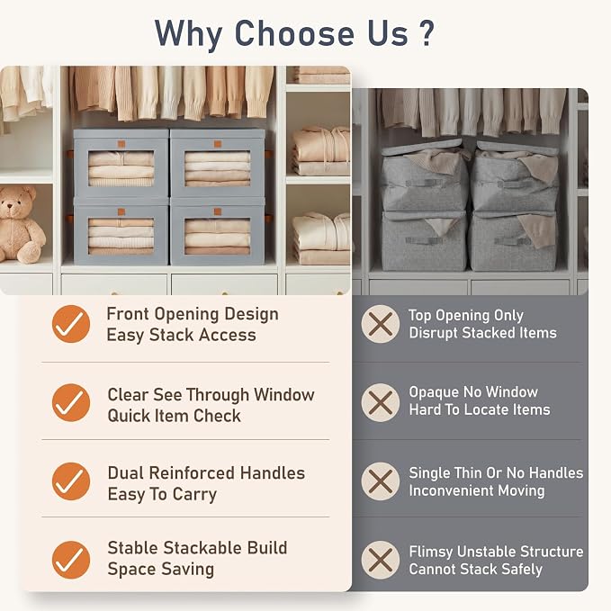 DIMJ Storage Bins with Lids - 5 Pack Front Opening Stackable Fabric Storage Boxes with Clear Window & Handles, Collapsible Closet Organizers for Clothes, Sweaters, Shelf Storage, Bedroom, Gray