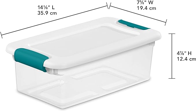 Sterilite 6 Qt Latching Storage Box, Stackable Bin with Latch Lid, Plastic Container to Organize Shoes on Closet Shelf, Clear with White Lid, 12-Pack
