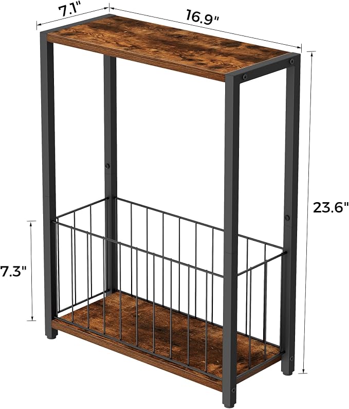 Homleke Narrow Side Tables Set of 2 with Magazine Holder, Skinny End Tables | Space-Saving Design, Small Spaces, Storage Shelf, Metal Frame, Easy Assembly, 7.1" D x 16.9" W x 23.6" H, Rustic Brown