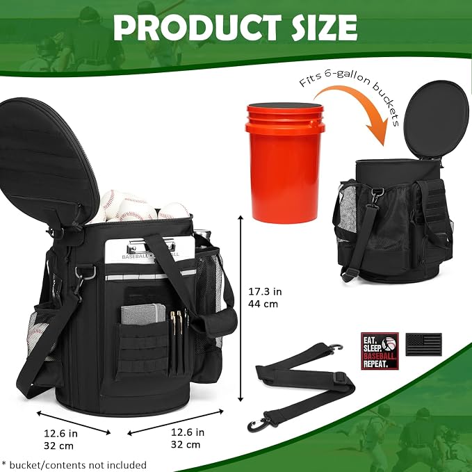 Baseball Bucket Bag, Softball Coaches Bags Fit 6 Gallon Buket | Baseball Coaching Accessories Organizer with Anti-Slip Bottom & Multiple Pockets for Bat, Gloves, Scoreboards