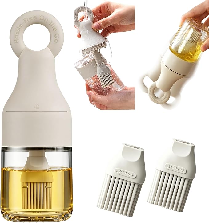 MMJ Portable High Borosilicate Glass Oil Sprayer Brush 150ml（5.07oz）, Outdoor Camping BBQ Accessories, Heat Resistant Silicone Basting Brush for Grilling, Baking, and Cooking