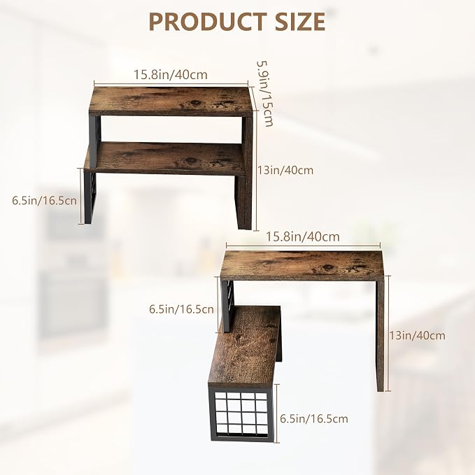 Kitchen Countertop Organizer, 2 Tier Corner Counter Shelf, Rustic Brown | Stackable, Expandable, Adjustable Cabinet Organizer Shelf, Spice Rack, for Kitchen, Coffee Station, Rustic Wood Grain