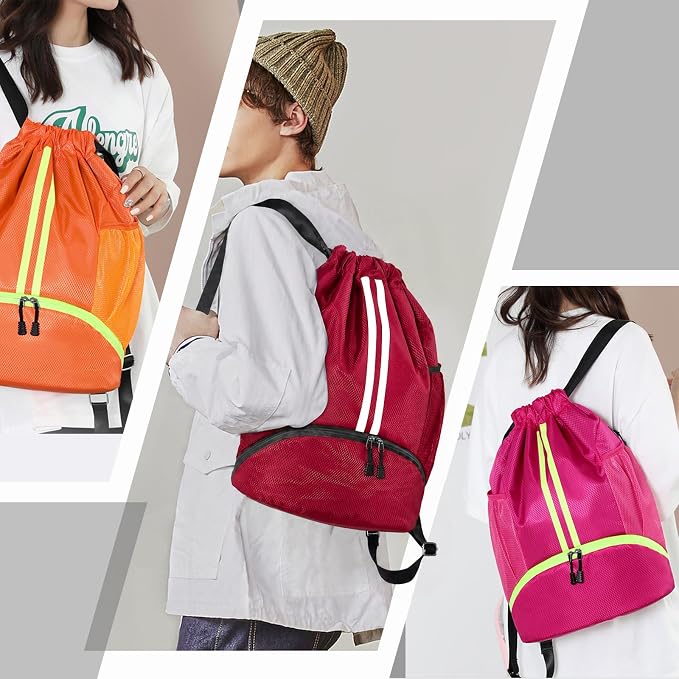 Hoedia Sports Drawstring Backpack - Swim Gym Bag for Women and Men | String Bag with Shoes Compartment and Wet Proof Pocket, Adjustable Wider Shoulder Strap, For Soccer, Basketabll, Volleyball