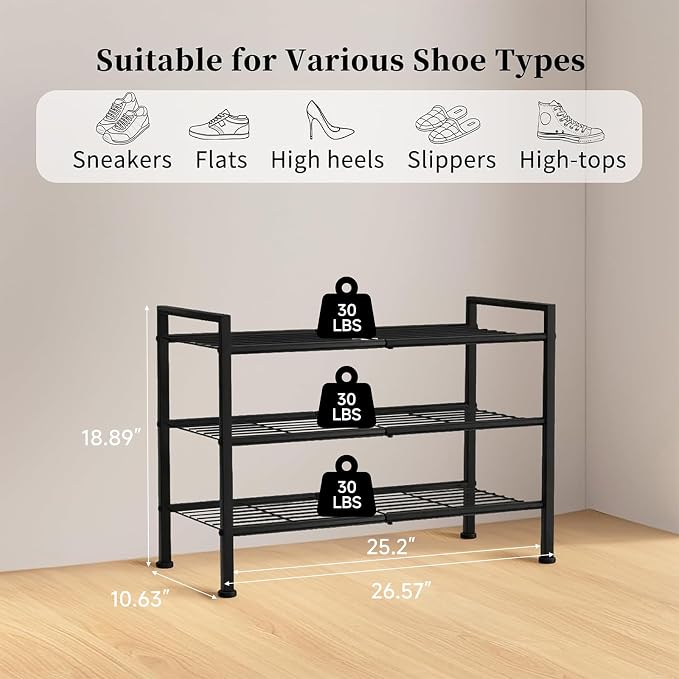 3-Tier Shoe Rack, 26.5" Wide Metal Organizer, Holds 9 Pairs | Storage Organizer for Closet and Entryway,Heavy-Duty Stand for Shoes, Books or Plants, Black