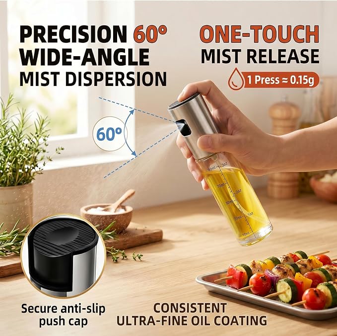 100ml Olive Oil Sprayer, Food Grade Glass Cooking Oil Spray Bottle, Stainless Steel Mister for Air Fryer Salad BBQ Roasting