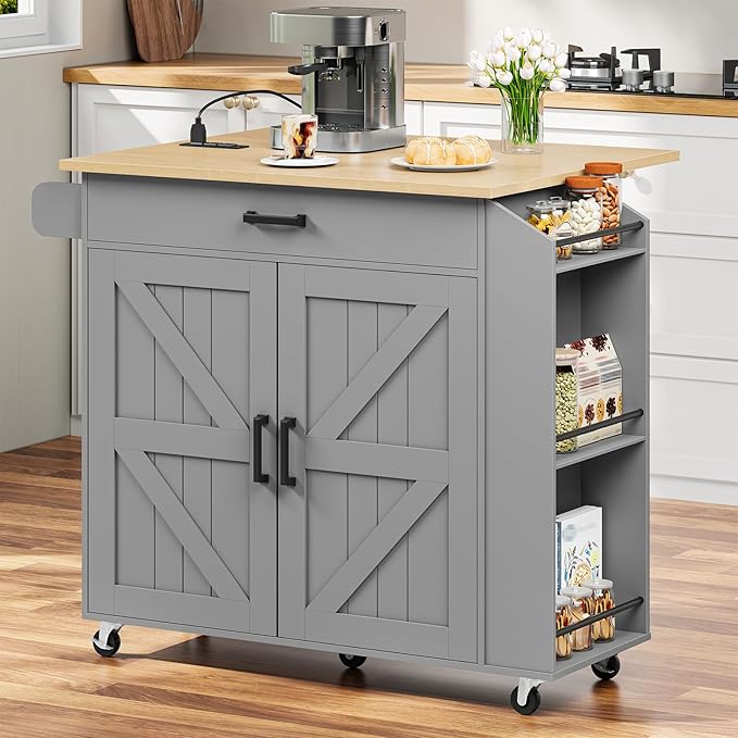 HOOBRO Kitchen Island with Drop Leaf Countertop & Power Outlet, Rolling Island Cart on Wheels, Kitchen Cart with Drawer & Spice Rack, Mobile Island Table for Kitchen, Natural and Grey GN86UZD01