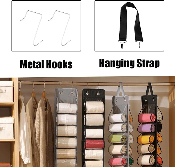 Legging Hanger Organizer 16 Pockets Hanging Closet, Black | Foldable Fabric Hanging Shelf for Wardrobe Door Dorm, Space Saving Tank Top Scarf Jeans Tshirt Storage Organizer for Women
