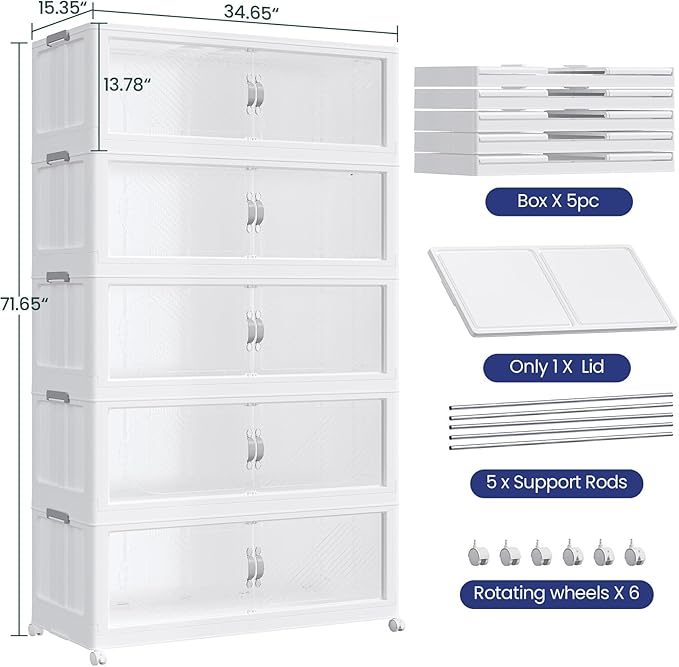 300Gal/1200QT 5-Tiers Extra Large Stackable Storage Bins with Lid, Collapsible Cabinet Closet Organizer Plastic Container Box with Wheels Doors Drawers for Office Dorm Kitchen Office, White