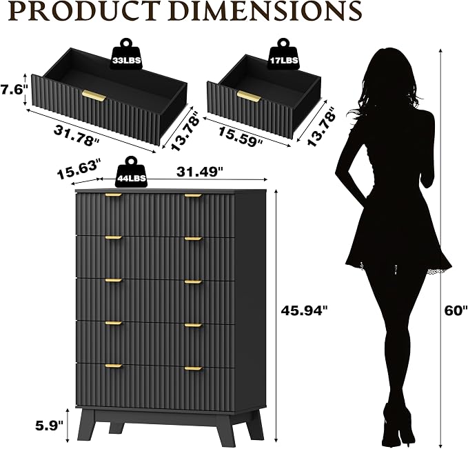 BORNOON 46" Tall Dresser for Bedroom, 6-Drawer Fluted Chest of Drawers, Modern Wood Highboy with Deep Storage, Metal Slides and Handles, Anti-Tip Kit, Vertical Clothes Organizer for Apartment, Nursery