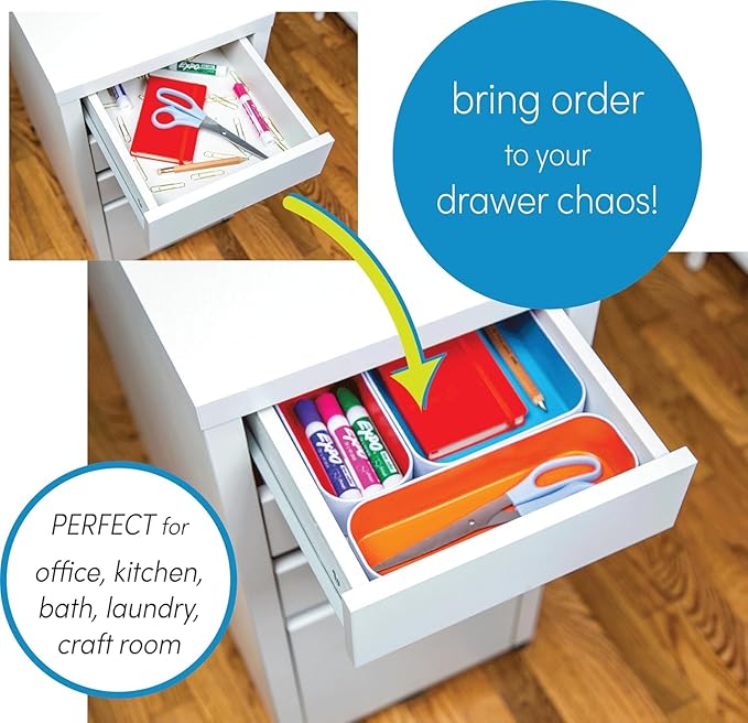 Three by Three Seattle 5 Piece Metal Organizer Tray Set for Storing Makeup, Stationery, Utensils, and More in Office Desk, Kitchen and Bathroom Drawers (2 Inch, Multicolor)