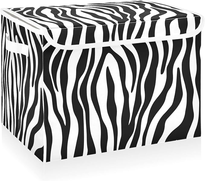 CaTaKu Large Fabric Storage Bins With Lids, Black White Zebra Print Storage Boxes With Handles for Organizing Clothes, Collapsible Storage Cube Bins Baskets for Shelves