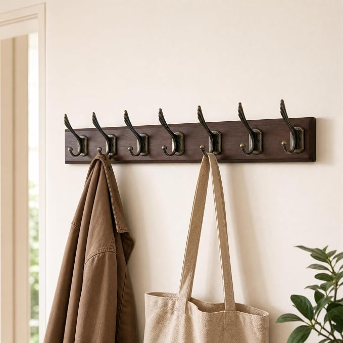 Wall Mounted Coat Rack with Solid Wood, 7 Bronze Metal Hooks – 27.56 Inch Rustic Brown Entryway Organizer for Hanging Coats, Hats, Jackets, Scarves, Bags, for Hallway, Bedroom, Bathroom（7Hooks）