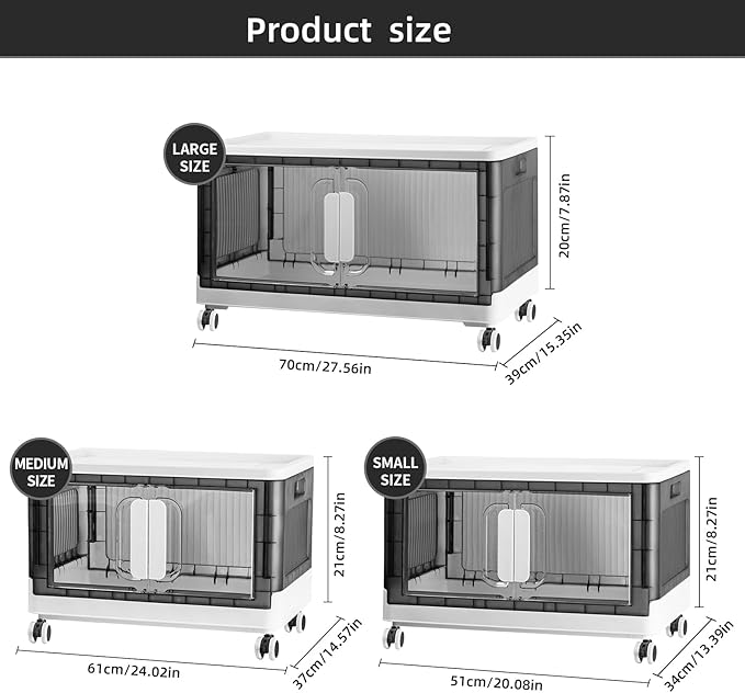 Folding Storage Organizer with Silent casters | Stackable Design for Home & Office, Heavy-Duty Plastic Storage Bin with Clear Door, 3 Sizes (19.5/23.5/27.5in),Black/White (19.7" 3 layer, White)