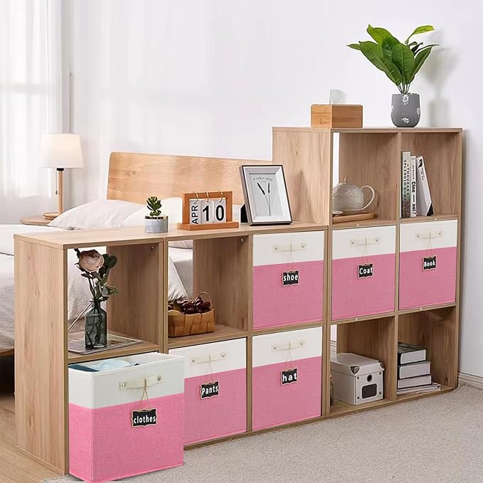 Storage Cubes,12 inch storage bins,Foldable Fabric Storage Cubes with Labels 4 Pack,Linen Cube Storage Organizer Bins Kallax Storage Cubes for Organizing Shelves Cabinet(White pink).