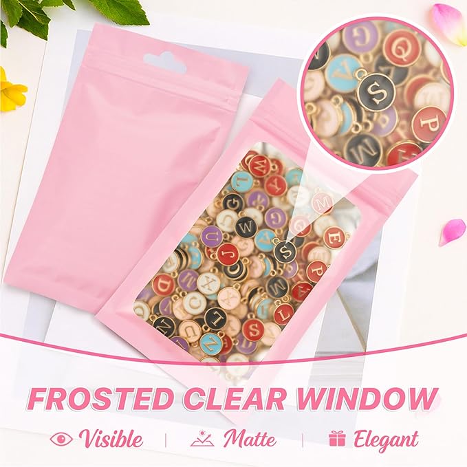 100 PCS Pink Resealable Mylar Bags with Zip and Frosted Clear Window Smell Proof Packaging Bags Foil Pouch Zip Bag for Food Self Sealing Storage Supplies 2.75×3.93