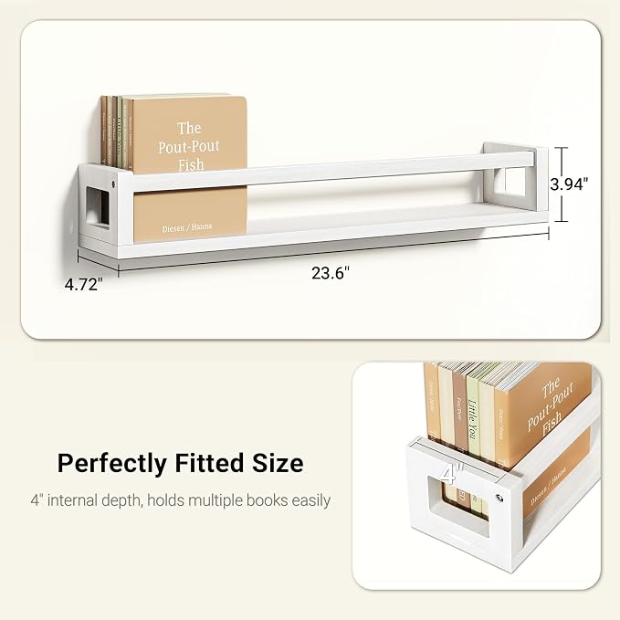 TidyCorner Upgraded Thick Floating Shelves, 24 Inch Solid Wood Bookshelf for Wall, Floating Book Shelves Use as Wall Shelves for Bedroom, Living Room, Kitchen, Books, Spice Rack & Decor - White