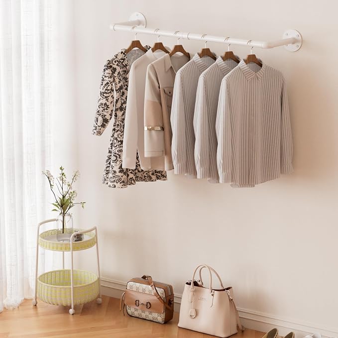 ERYTLLY Industrial Pipe Wall Mounted Clothes Rack,38 Inches Heavy Duty Detachable Garment Rack,Multi-purpose Hanging Rod for Closet,Set of 2,White