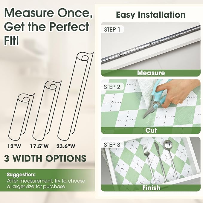 Coavas Shelf and Drawer Liner, Non Slip Extra Grip Non Adhesive Waterproof Thickened Cabinet Mat, Easy Cut for Kitchen Pantry Bathroom Dresser Cupboard (Green Rhombic, 24IN x 20FT)