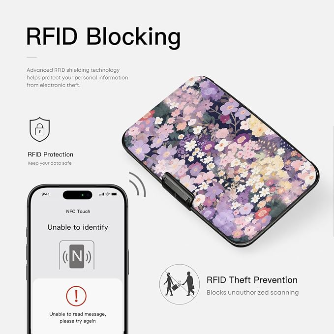 Credit Card Holder RFID Aluminum card case Floral 2 mini Wallet Women Men | ABS Business ID Case,Hard Case Large Capacity 6 Slots, Waterproof Durable ，Secure Closure Slim Small Credit Card Protector