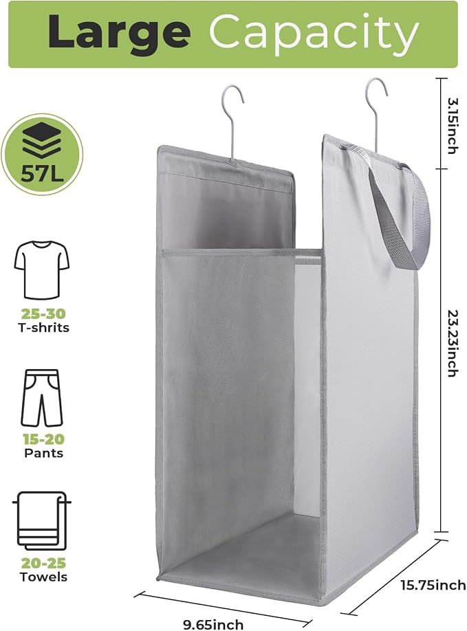 FENTEC Fentec Hanging Laundry Hamper, Hanging Laundry Basket, Slim Laundry Hamper Bag with Handles, Portable Hanging Closet Hamper, Mesh Heavy Duty Hanging Laundry Bag (Grey,1 Pack)