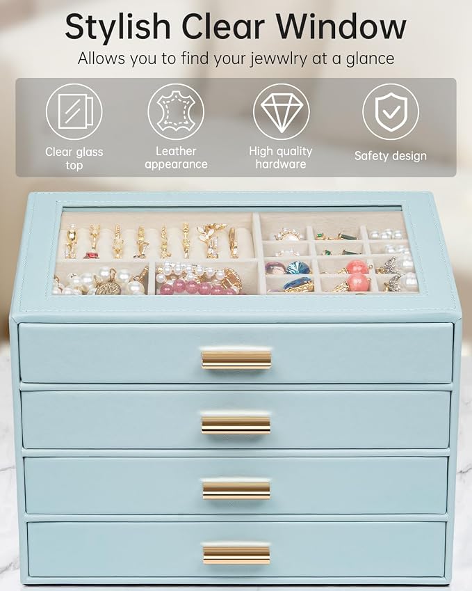 AKOZLIN Jewelry Box with Clear Lid Functional Leather Jewelry Storage Organizer Case 4 Drawers for Women Girls Necklace Ring Bracelet Earring BlueGrey