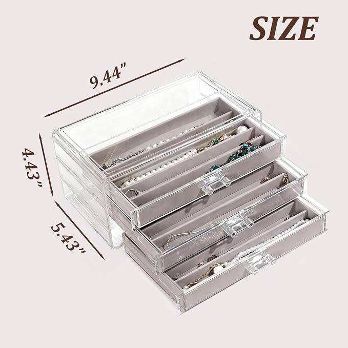 CLUQMEIK Necklace Organizer Box, Tray with Clear Lid, Dustproof Velvet Necklaces Holder Storage Display Case, Necklace Tray Drawer Insert for Pendant Suitable for Women and Girls (Grey)