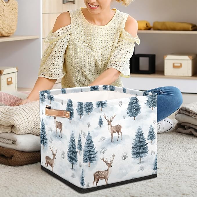 TropicalLife Forest Deer Storage Cube, 13 Inch Fabric Cube Storage Organizer Bin for Shelves Clothes, Decorative Foldable Storage Boxes