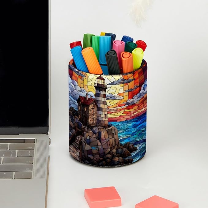 Stained Glass Lighthouse Pattern Pen Holder Pencil Organizer for Desk, 3.1” x 3.1” x 3.9” Pencil Cup Office Supplies, Large Capacity Cute Pen and Makeup Brush Holder for Desktop, Home, School