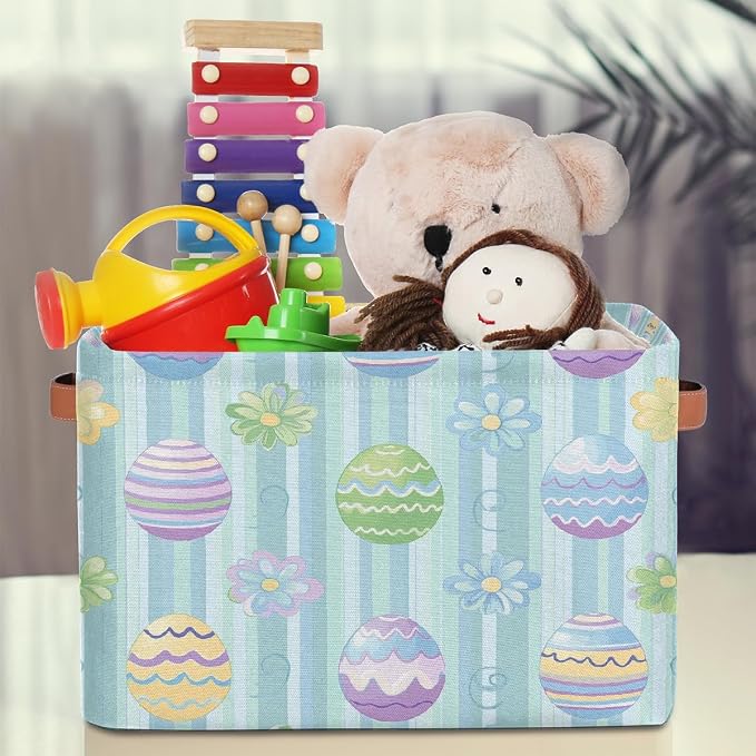Rectangular Storage Bins Easter Egg Flower Stripes Collapsible Fabric Storage Basket Organizer with Handles for Nursery Bedroom Bathroom