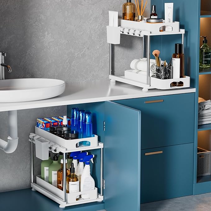 VERIFOST 2 Pack Under Sink Organizers and Storage, Double Sliding Kitchen Cabinet Organizer, 2 Tier Height Adjustable Countertop Organizer for Kitchen Bathroom Laundry, White