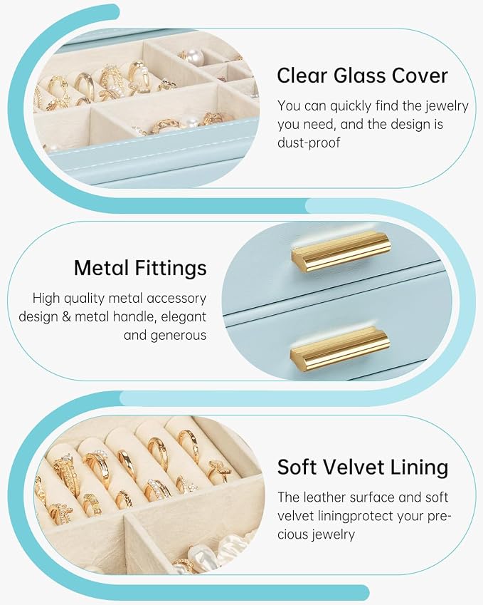 AKOZLIN Jewelry Box with Clear Lid Functional Leather Jewelry Storage Organizer Case 4 Drawers for Women Girls Necklace Ring Bracelet Earring BlueGrey