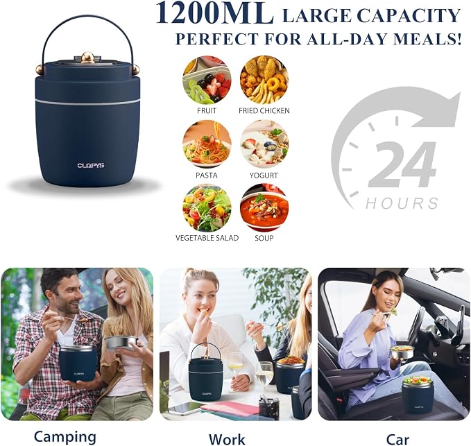 40oz Stainless Steel Vacuum Insulated Food Jar for Adults Wide Mouth Lunch Container with Spoon Fork and Carrying Bag Leak-Proof Soup Thermo Bento Box for Hot Food and Cold Food | Office, Travel Blue