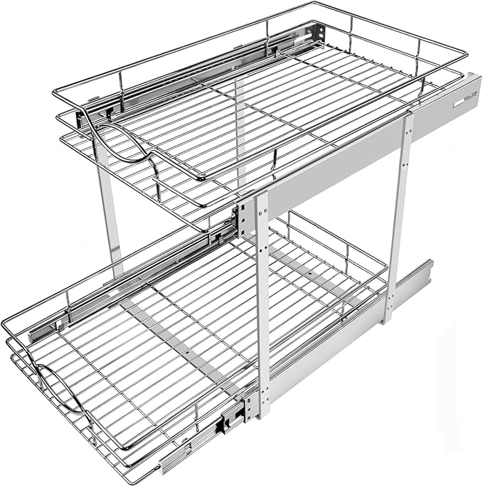 Sikarou Pull Out Cabinet Organizer 17" W x 21" D 2-Tier Individual Slide Out Drawer Pantry Shelf Storage for Kitchen Base Cabinet Organization for Kitchen, Bathroom, Pantry, Chrome