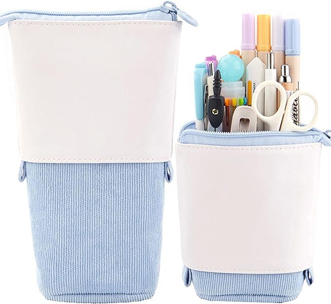 Telescopic Pencil Bag Pen Holder Stationery Case, PU Corduroy Stand-up Retractable Transformer Bag Colorful Organizer, Great for Christmas Holiday (Blue)