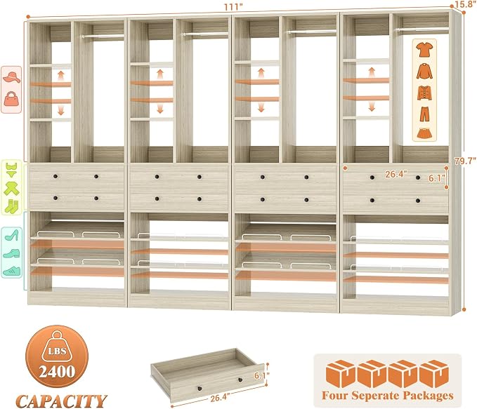 Besiost Closet System, 111"/9.3 FT Closet Organizer System with 8 Drawers and Shelves, Can Fit 120"/10FT Walk-in Closets Systems, Free Standing Reach in Closet Tower, Load 2400+LBS, Greige 4 Pack