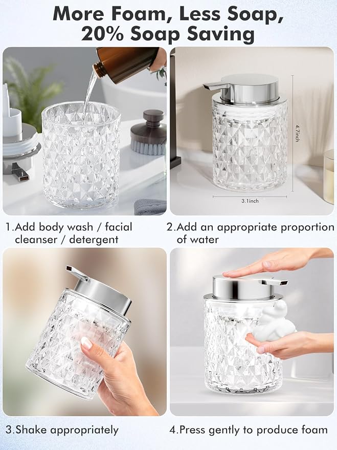 Bathroom Accessory Set, Foaming Soap Dispenser 2Pack, Glass Hand Foaming Soap Dispenser, Refillable Clear Pump Bottles for Liquid or Lotion, Crystal Decorative Handwash Dispenser for Bathroom, Kitchen