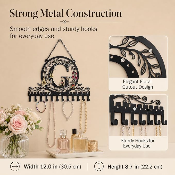 Personalized Wall Mounted Metal Initial Letter G Earring Holder Jewelry Organizer for Earrings and Necklaces Space Saving Wall Display with Hooks Jewelry Storage Bedroom Vanity Gift for Women
