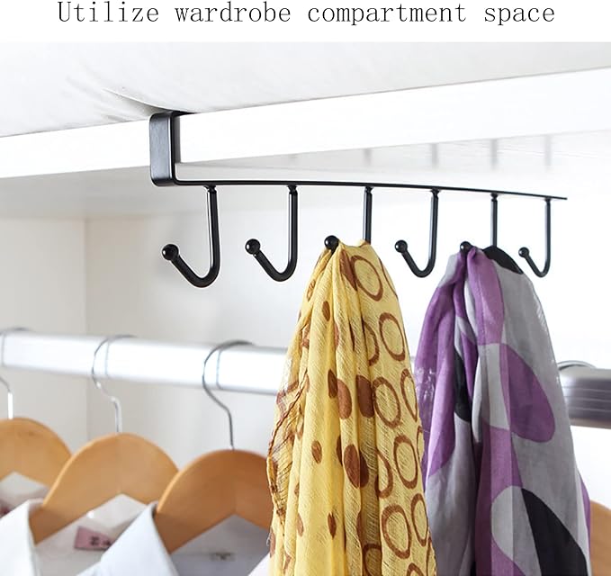 Under Cabinet Hook Rack 1 Pack, No Drill Under Cupboard Hanging Cup Holder, 6 Hooks Metal Utensil Hanger, Closet Cabinet Storage Organizer for Mugs, Kitchen Utensils, Scarves, Bags (Black)