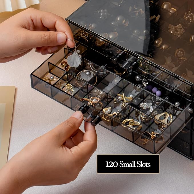 SPAKOWN Earring Organizer Acrylic Jewelry Holder Organizer with 5 Drawers | Stackable Earring Storage Case Jewelry Boxes for Women (Gray)