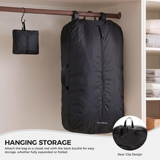 Travel Laundry Bag, Foldable Dirty Clothes Bag with Two Ways to Open, 40L Reusable Waterproof Laundry Bag, Large Capacity Travel Bag for Wet or Dirty Clothes for Travel, Camping & Storage (Black)