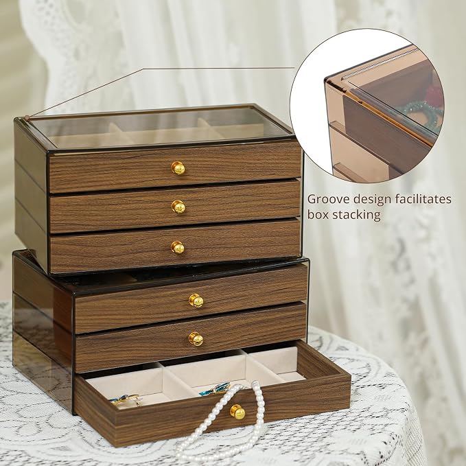 CLUQMEIK 3-layer Wooden Drawer Jewelry Organizers and Storage Box with Grey Acrylic Lid and Velvet Lining, Jewelry Box for Women and Girls to Store Rings Earrings Bracelets Necklaces