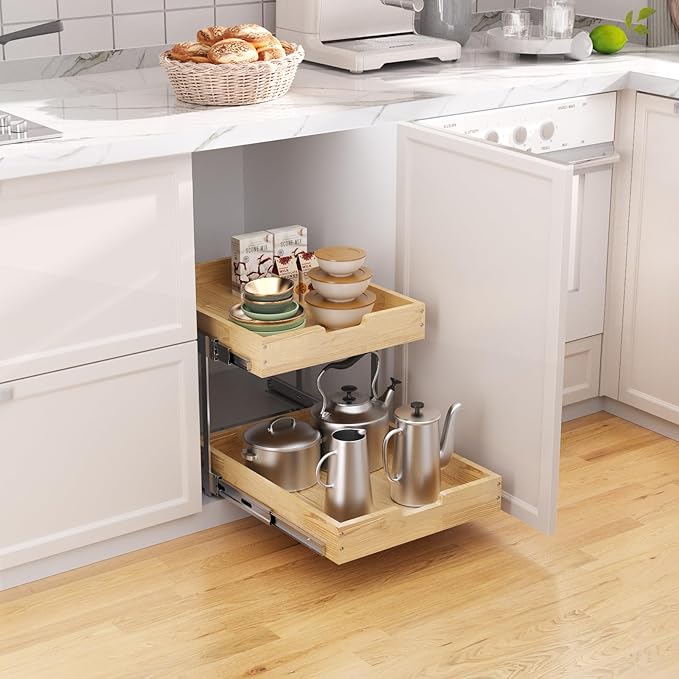 Sikarou Wood Pull Out Cabinet Organizer 2 Tie 23" W x 21" D, Heavy-Duty Sliding Drawers for Inside Cabinets Storage and Organization for Kitchen, Pantry, Bathroom